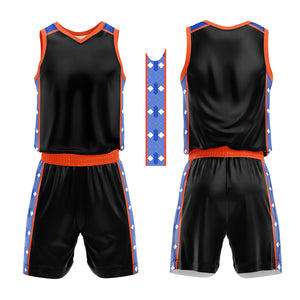 Uniforme de baloncesto personalizado en negro-naranja y azul marino con tu logotipo-nombre y número impresos