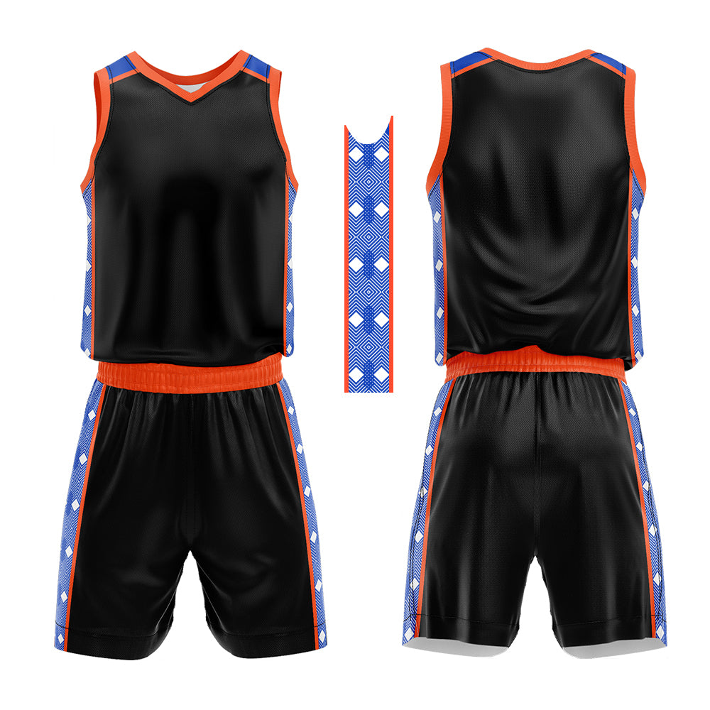 Uniforme de baloncesto personalizado en negro-naranja y azul marino con tu logotipo-nombre y número impresos