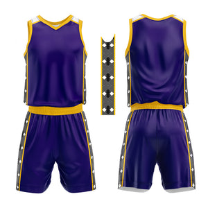 Uniforme de baloncesto personalizado en color morado y amarillo con tu logotipo-nombre y número impresos