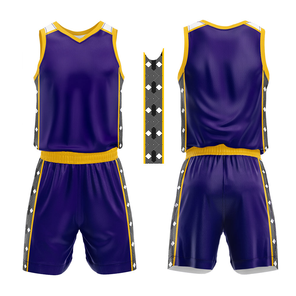 Uniforme de baloncesto personalizado en color morado y amarillo con tu logotipo-nombre y número impresos