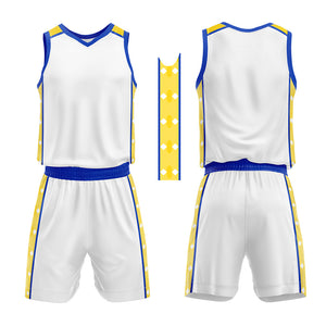 Uniforme de baloncesto personalizado blanco y amarillo real con su logotipo-nombre y número impresos