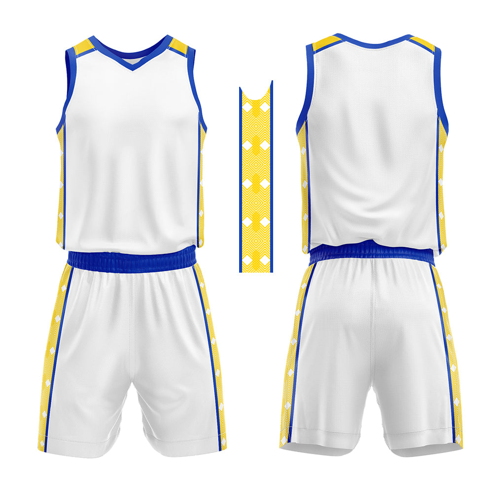 Uniforme de baloncesto personalizado blanco y amarillo real con su logotipo-nombre y número impresos