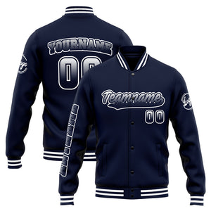 Chaqueta universitaria personalizada estilo Letterman para hombres-mujeres y jóvenes-color azul marino y blanco