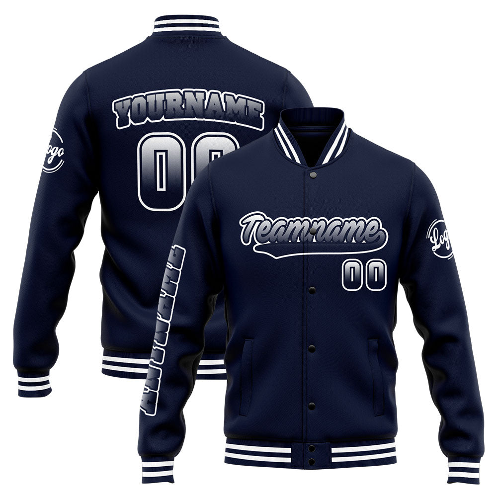 Chaqueta universitaria personalizada estilo Letterman para hombres-mujeres y jóvenes-color azul marino y blanco