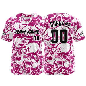 Camiseta de béisbol personalizada para hombres mujeres ni?os y jóvenes con bordados e impresión en rojo violeta y blanco
