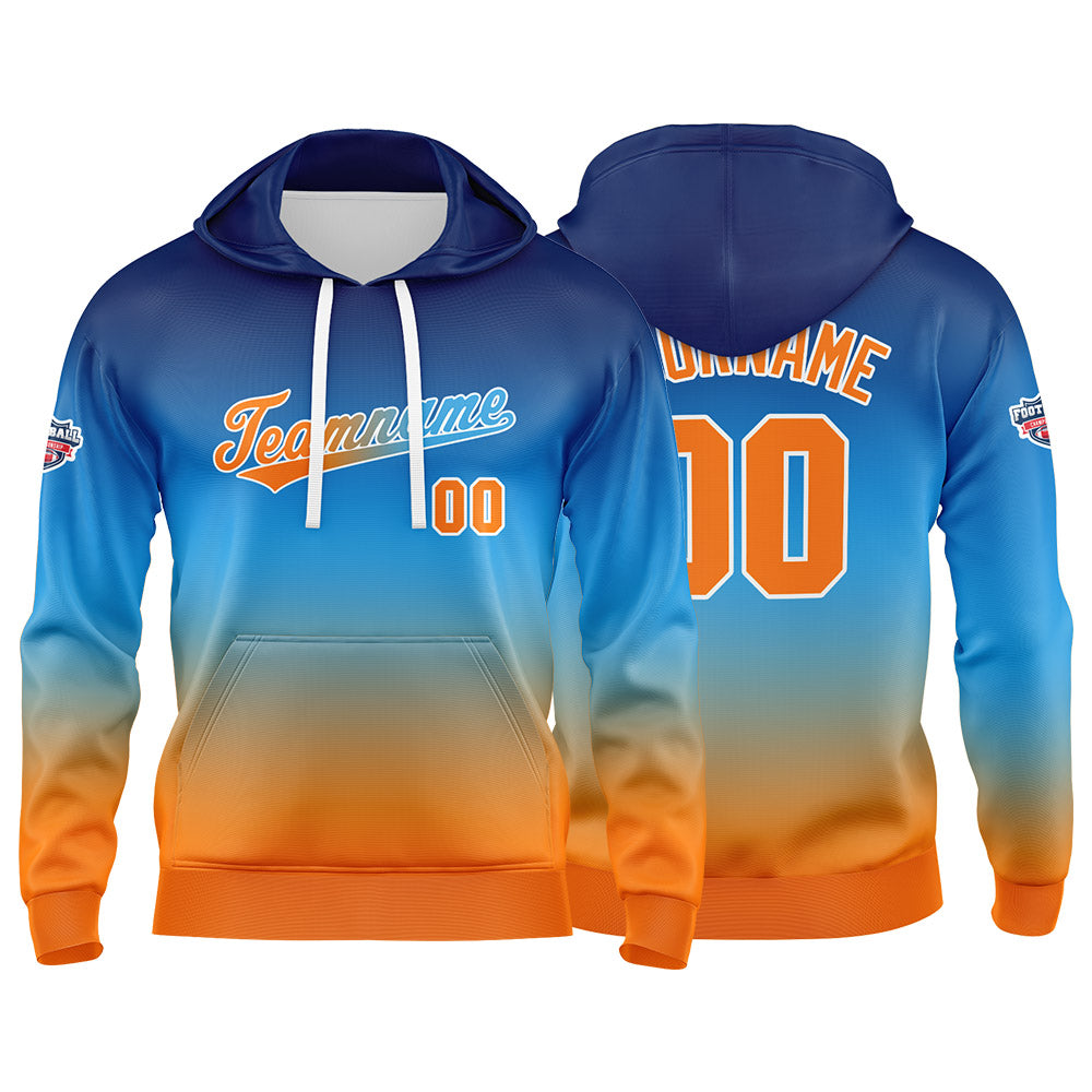 Sudadera con capucha personalizada con degradado para hombre-mujer-niña o niño Estampa tu logotipo-nombre o número en azul y naranja