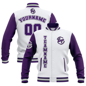 Chaquetas universitarias impermeables personalizadas en blanco-morado y gris con nombre-número y logotipo bordados