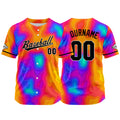 Dise?o personalizado de camiseta de béisbol con estampado completo en naranja rojo y azul