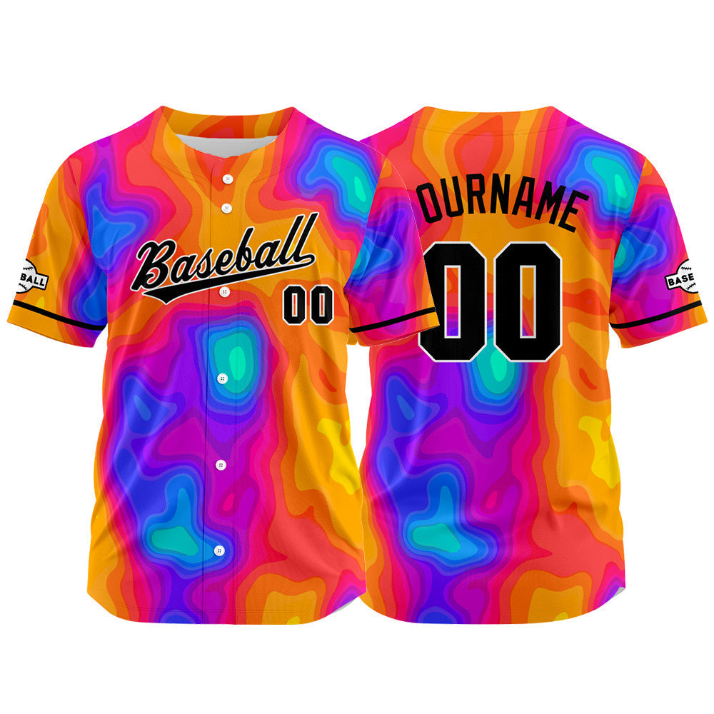 Dise?o personalizado de camiseta de béisbol con estampado completo en naranja rojo y azul