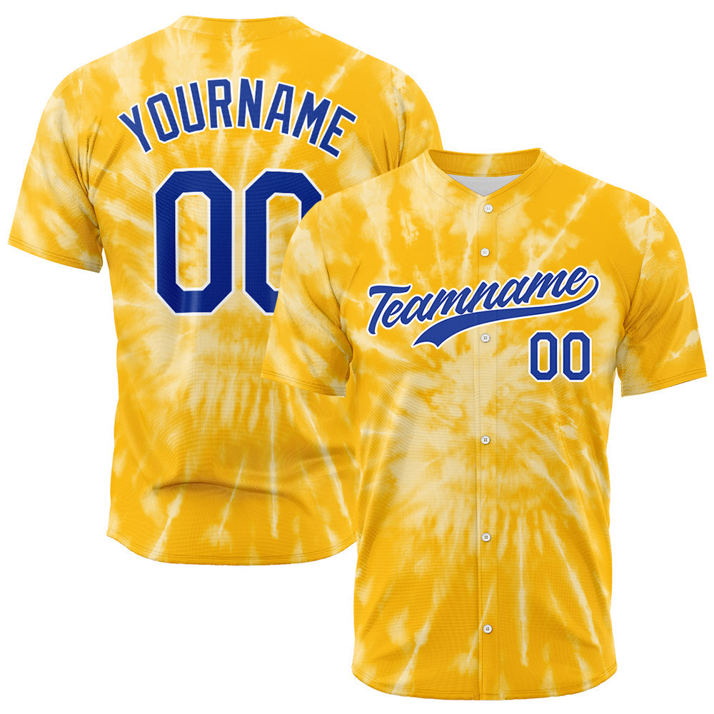 Camiseta de béisbol amarilla con dise?o personalizado de estampado completo y efecto tie-dye