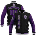 Chaquetas universitarias impermeables personalizadas en negro-morado y blanco con nombre-número y logotipo bordados