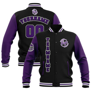 Chaquetas universitarias impermeables personalizadas en negro-morado y blanco con nombre-número y logotipo bordados