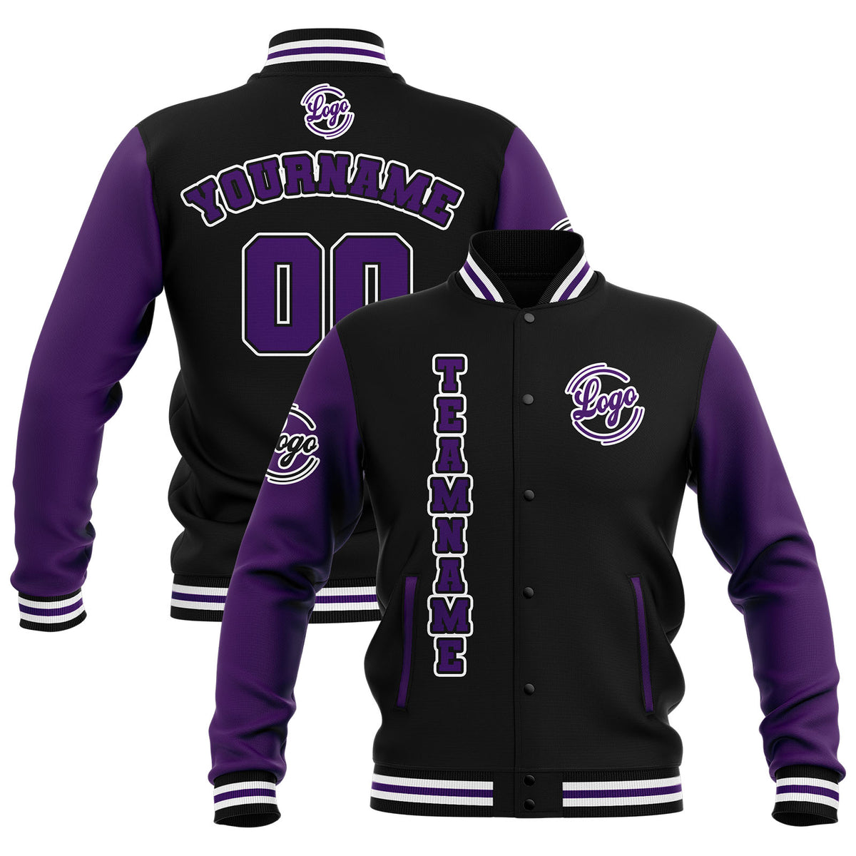 Chaquetas universitarias impermeables personalizadas en negro-morado y blanco con nombre-número y logotipo bordados