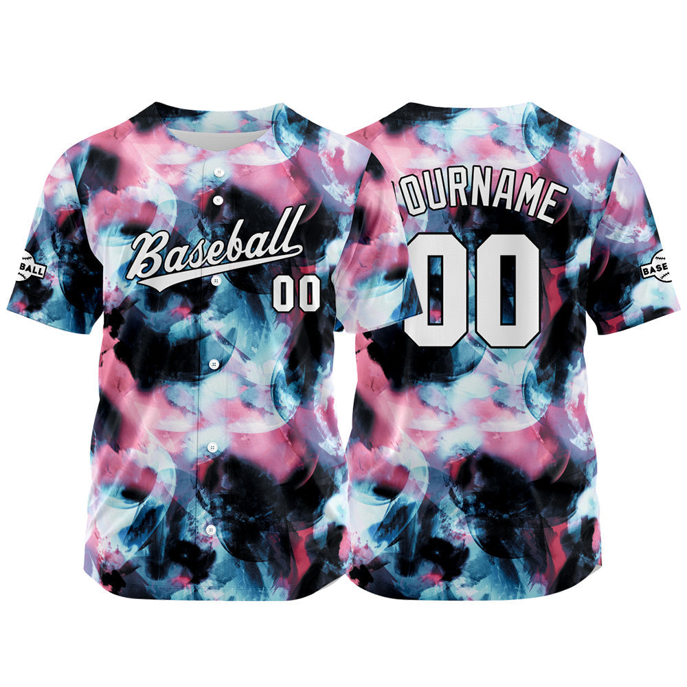 Dise?o personalizado de camiseta de béisbol con estampado completo en rosa negro y azul