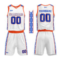 Uniforme de baloncesto personalizado en blanco-naranja y azul marino con tu logotipo-nombre y número impresos