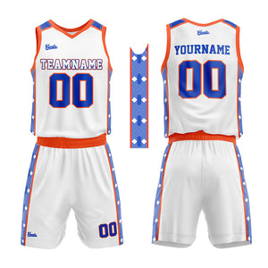 Uniforme de baloncesto personalizado en blanco-naranja y azul marino con tu logotipo-nombre y número impresos