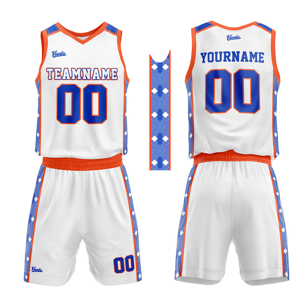 Uniforme de baloncesto personalizado en blanco-naranja y azul marino con tu logotipo-nombre y número impresos