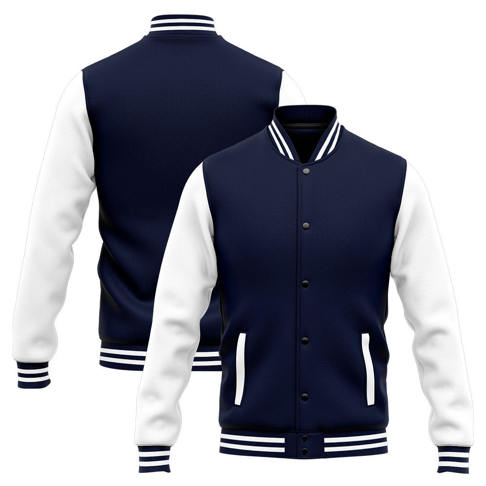 Chaqueta universitaria personalizada estilo Letterman para hombres-mujeres y jóvenes-color azul marino y blanco
