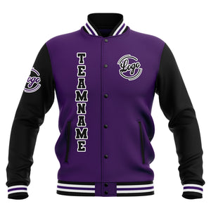Chaquetas universitarias impermeables personalizadas en negro-morado y blanco con nombre-número y logotipo bordados