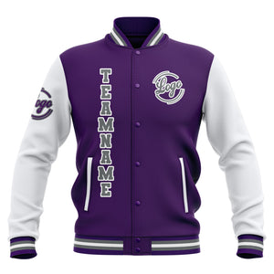 Chaquetas universitarias impermeables personalizadas en color morado-blanco y gris con nombre-número y logotipo bordados a medida