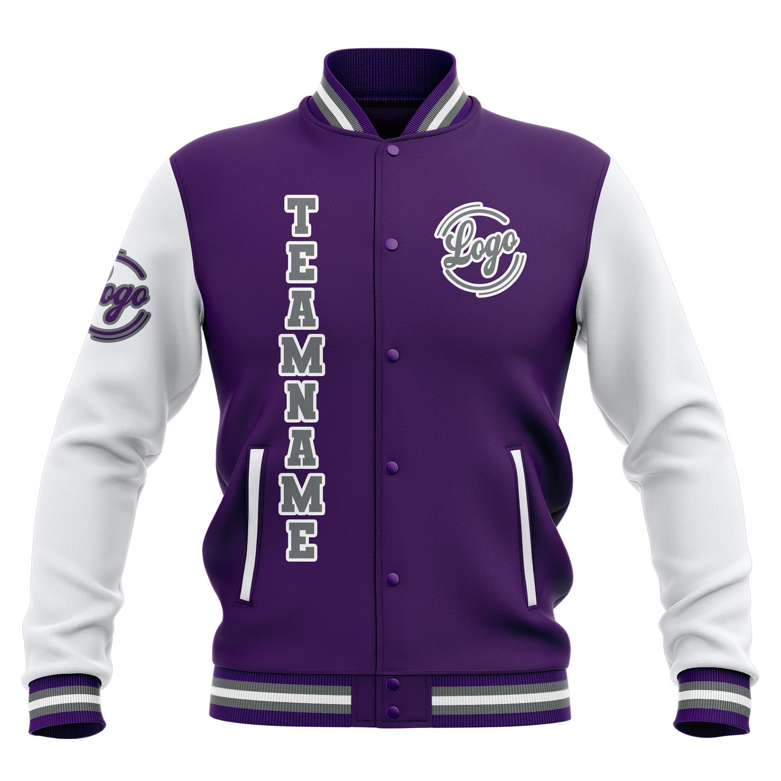 Chaquetas universitarias impermeables personalizadas en color morado-blanco y gris con nombre-número y logotipo bordados a medida