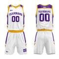 Uniforme de baloncesto personalizado blanco-morado y amarillo con tu logotipo-nombre y número impresos