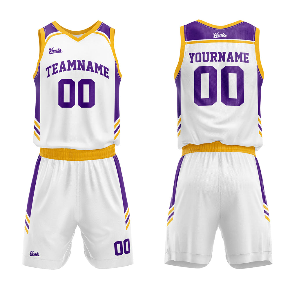 Uniforme de baloncesto personalizado blanco-morado y amarillo con tu logotipo-nombre y número impresos