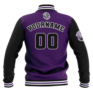Chaquetas universitarias impermeables personalizadas en negro-morado y blanco con nombre-número y logotipo bordados