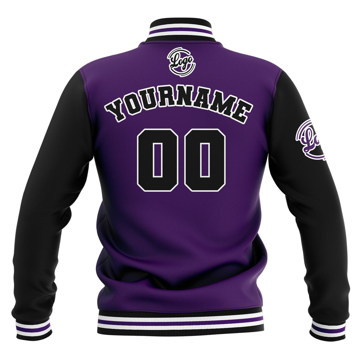 Chaquetas universitarias impermeables personalizadas en negro-morado y blanco con nombre-número y logotipo bordados