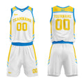 Uniforme de baloncesto personalizado blanco-azul y amarillo con tu logotipo-nombre y número impresos