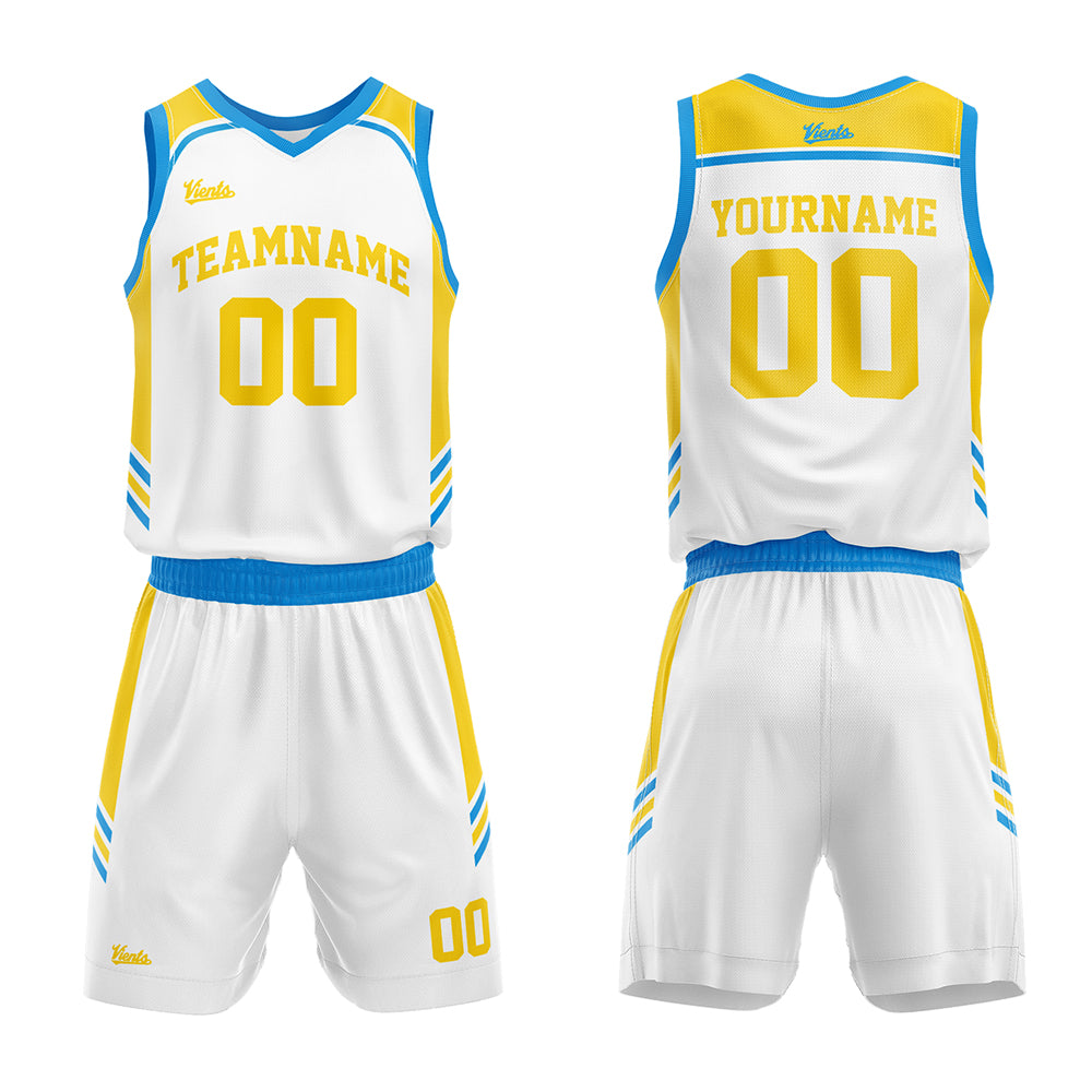 Uniforme de baloncesto personalizado blanco-azul y amarillo con tu logotipo-nombre y número impresos