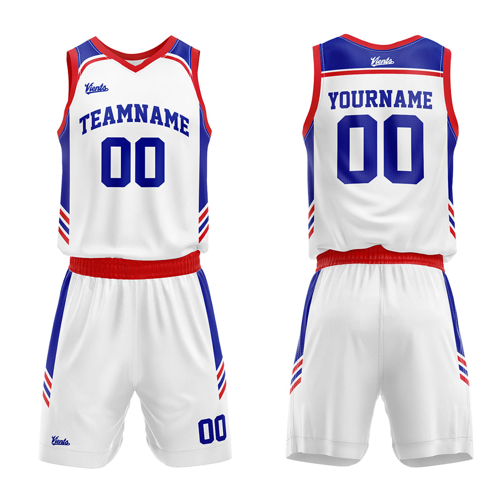 Uniforme de baloncesto personalizado blanco y rojo real con su logotipo-nombre y número impresos
