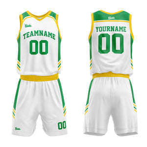 Uniforme de baloncesto personalizado blanco-verde y amarillo con tu logotipo-nombre y número impresos