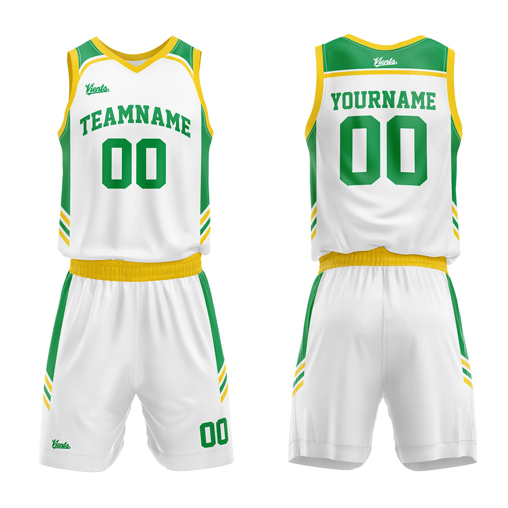 Uniforme de baloncesto personalizado blanco-verde y amarillo con tu logotipo-nombre y número impresos