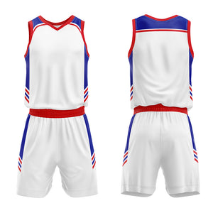 Uniforme de baloncesto personalizado blanco y rojo real con su logotipo-nombre y número impresos
