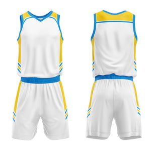 Uniforme de baloncesto personalizado blanco-azul y amarillo con tu logotipo-nombre y número impresos