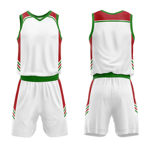 Uniforme de baloncesto personalizado blanco-rojo y verde con tu logotipo-nombre y número impresos