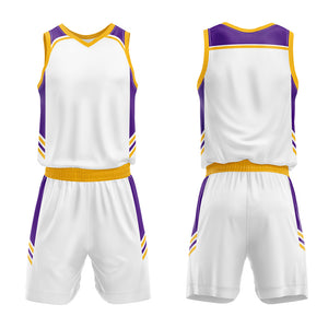 Uniforme de baloncesto personalizado blanco-morado y amarillo con tu logotipo-nombre y número impresos