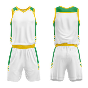 Uniforme de baloncesto personalizado blanco-verde y amarillo con tu logotipo-nombre y número impresos
