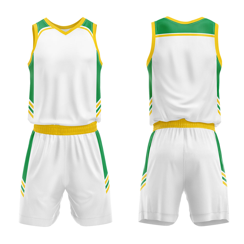 Uniforme de baloncesto personalizado blanco-verde y amarillo con tu logotipo-nombre y número impresos