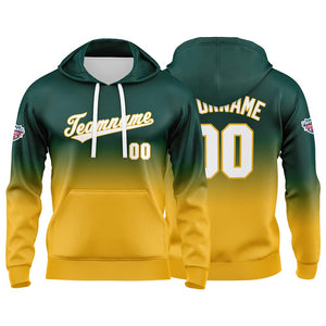 Sudadera con capucha personalizada con degradado para hombre-mujer-niña o niño Estampa tu logotipo-nombre o número Verde oscuro y amarillo