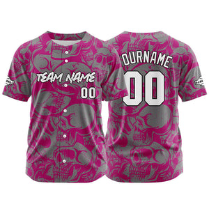 Camiseta de béisbol personalizada para hombres mujeres ni?os y jóvenes con costuras y estampado en rojo violeta y gris