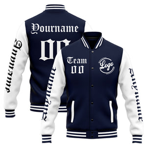 Chaqueta universitaria personalizada estilo Letterman para hombres-mujeres y jóvenes-color azul marino y blanco