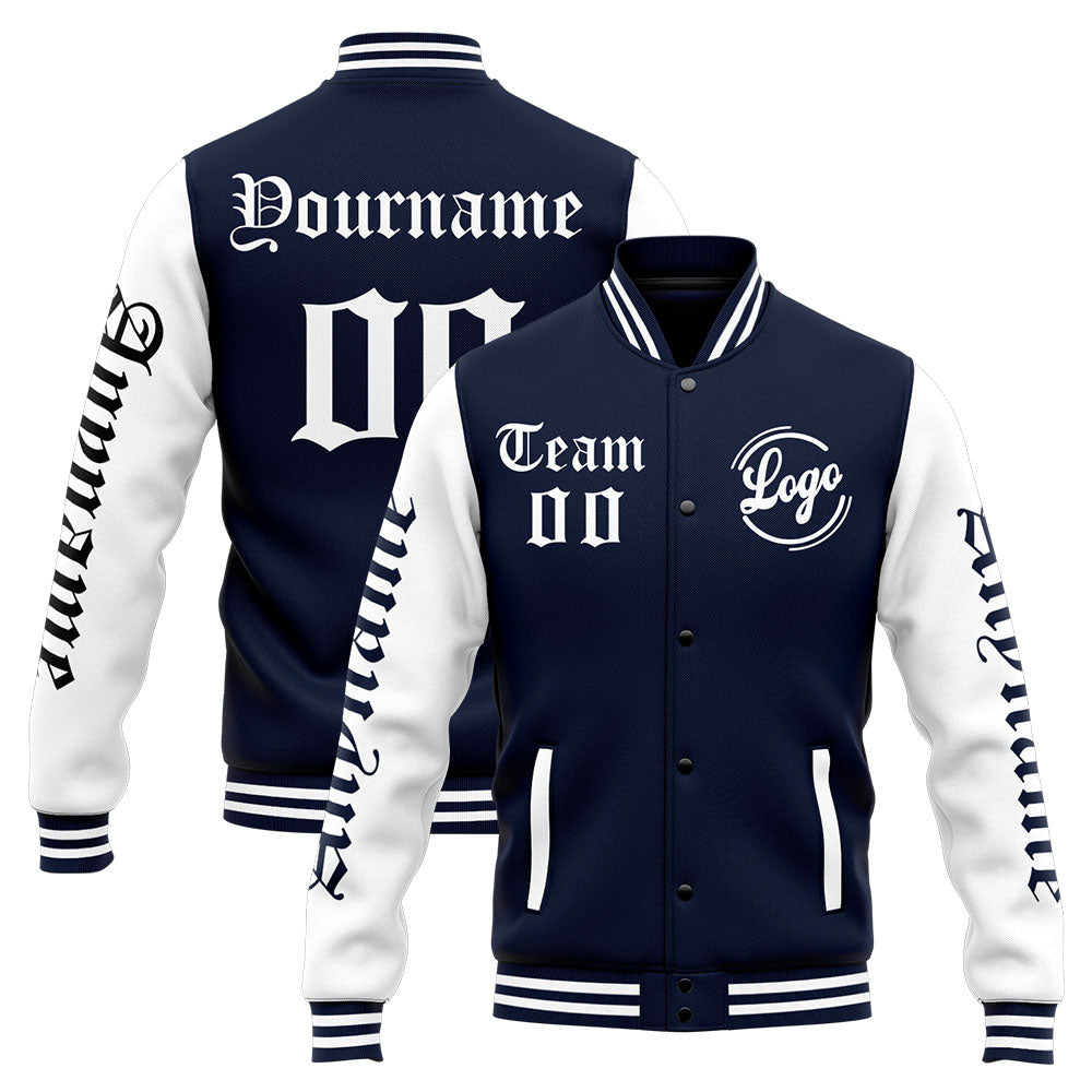 Chaqueta universitaria personalizada estilo Letterman para hombres-mujeres y jóvenes-color azul marino y blanco