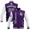 Chaquetas universitarias impermeables personalizadas en color morado-blanco y gris con nombre-número y logotipo bordados a medida