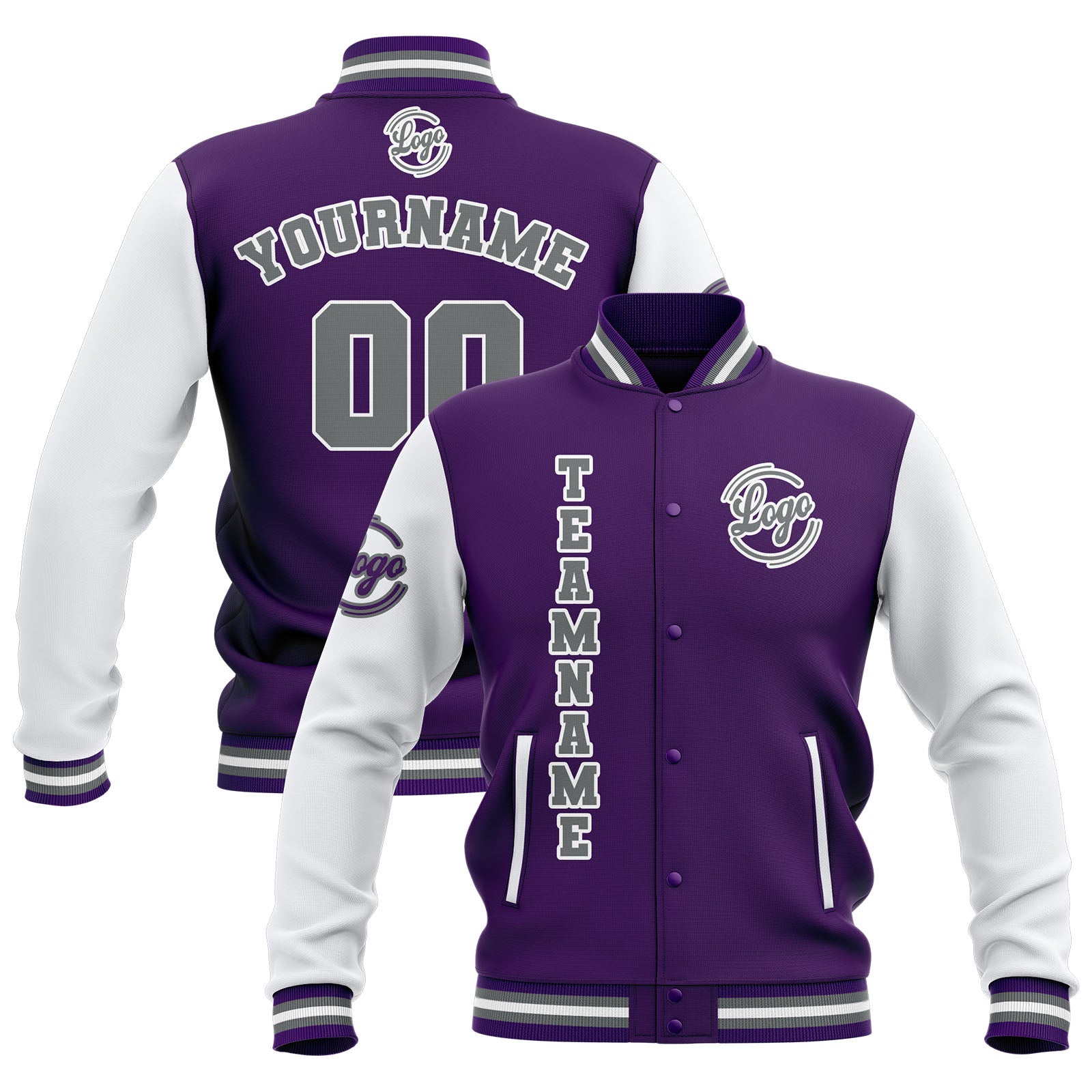 Chaquetas universitarias impermeables personalizadas en color morado-blanco y gris con nombre-número y logotipo bordados a medida