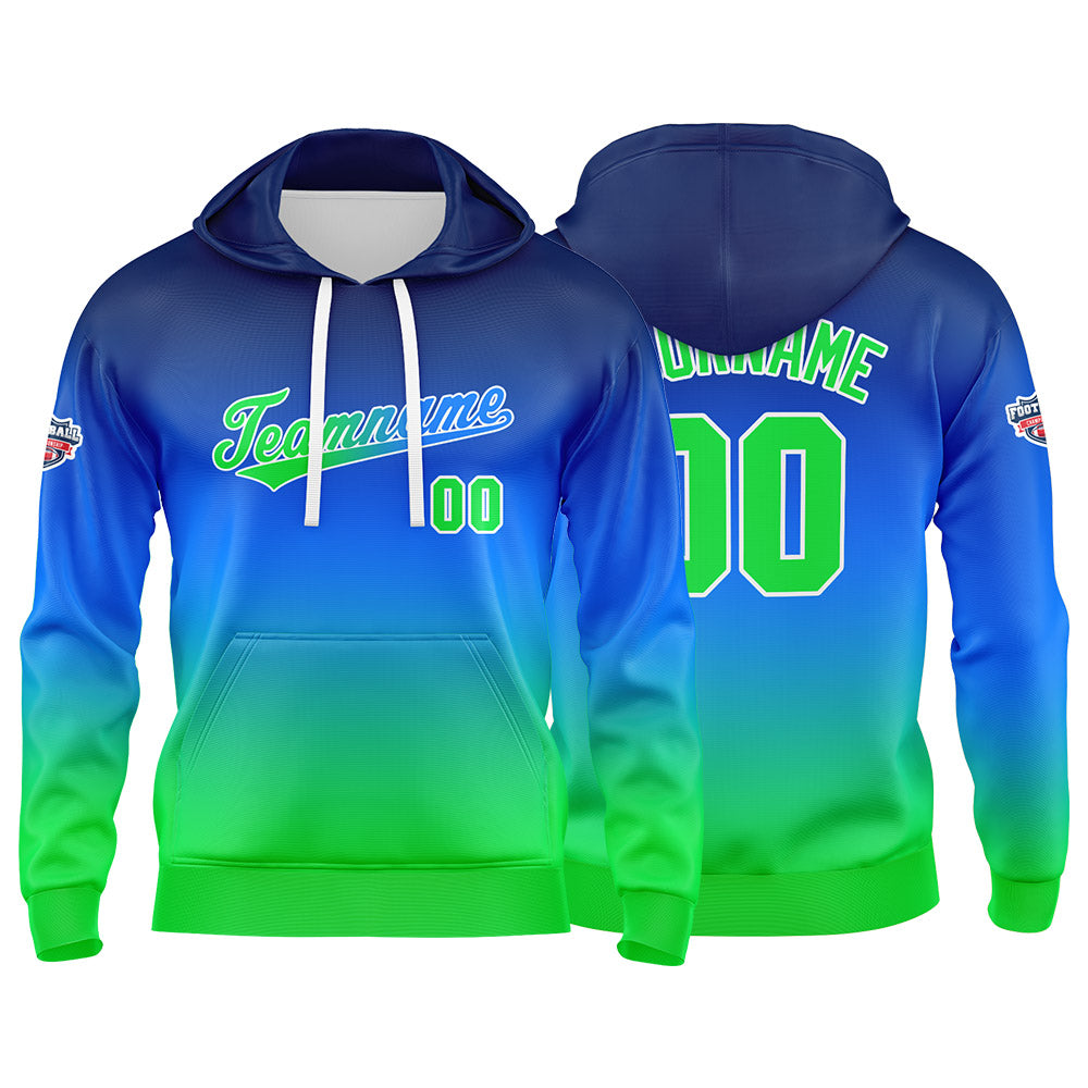 Sudadera con capucha personalizada con degradado para hombre-mujer-niña o niño Estampa tu logotipo-nombre o número en azul y verde
