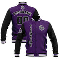 Chaquetas universitarias impermeables personalizadas en negro-morado y blanco con nombre-número y logotipo bordados