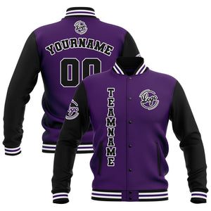 Chaquetas universitarias impermeables personalizadas en negro-morado y blanco con nombre-número y logotipo bordados