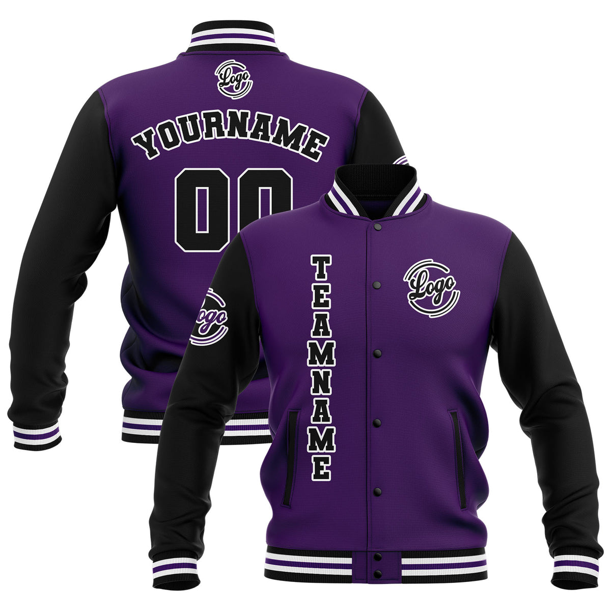 Chaquetas universitarias impermeables personalizadas en negro-morado y blanco con nombre-número y logotipo bordados